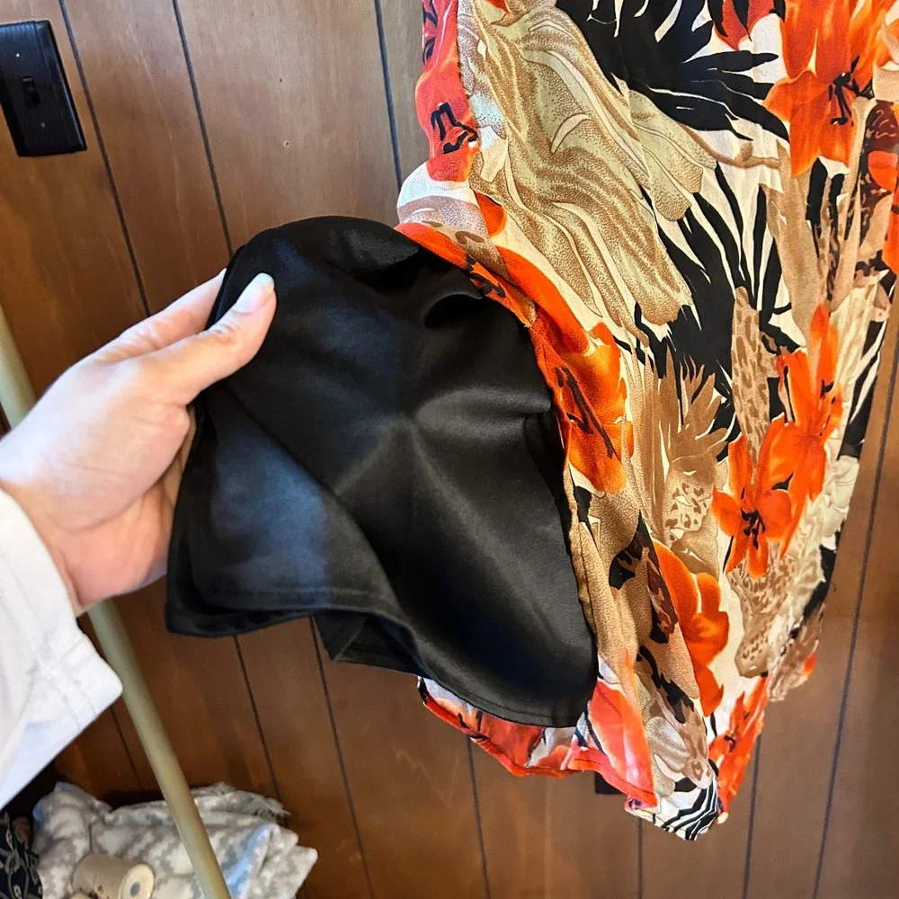 Jazzie Floral‎ Maxi Skirt L Orange Beige Brown Sheer Lined Retro Party Elegant